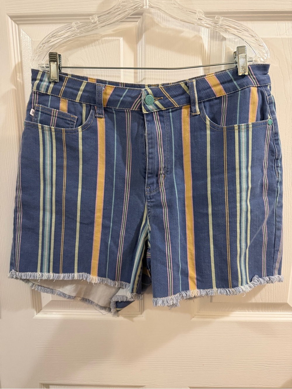 Judy Blue Blue Multicolor Striped Frayed-Hem Jean Shorts